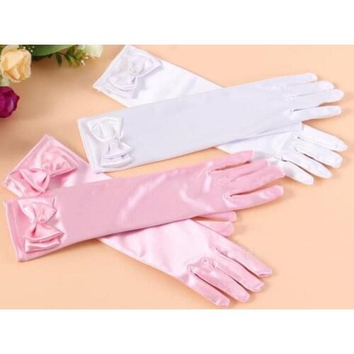 Wedding Elastic Girls Satin Long Gloves Kids Children Fancy Dress Bow Pearl Gloves Costume COS princess Mitten 3Y-8Y party gift