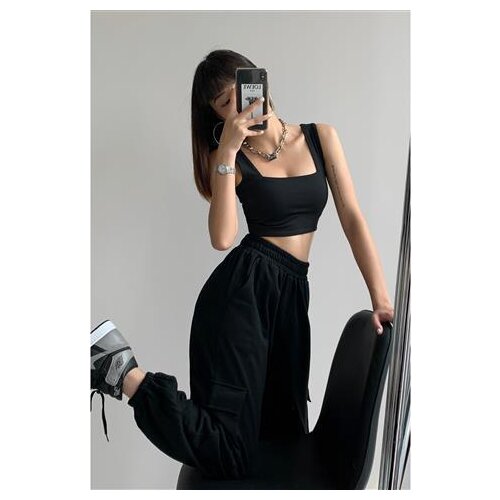 European and American Street Wear Crop-Top Spaghetti-Strap All-Matching Sleeveless Sexy Sports Wide-Brimmed Vest Square Collar