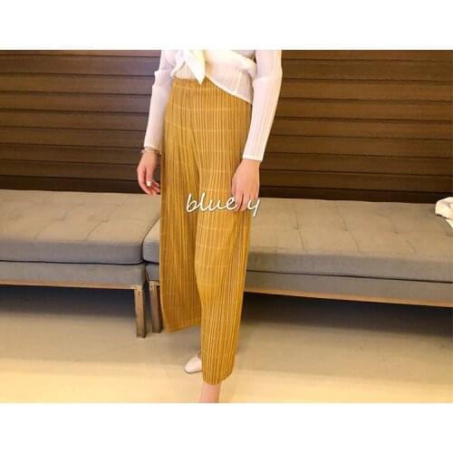 HOT SELLING Miyake fashion mid waist solid Comfortable Loose commuter Wide leg pants Slub pants IN STOCK