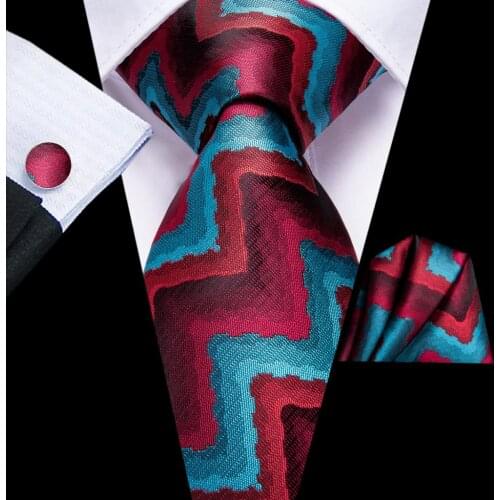 Hi-Tie Red Blue Print Silk Wedding Tie For Men Handky Cufflink Necktie For Men Fashion Novelty Design Business Party Dropship
