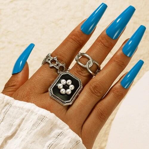 HuaTang 3pcs/set Charms Pearl Flower Black Stone Joint Ring Set for Women Trendy Silver Color Hollow Geometric Rings Jewelry