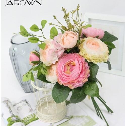 JAROWN Simulation Tea Rose Bouquet Hydrangea Artificial Fake Flower Wedding Bride Holding Flowers Home Decorations
