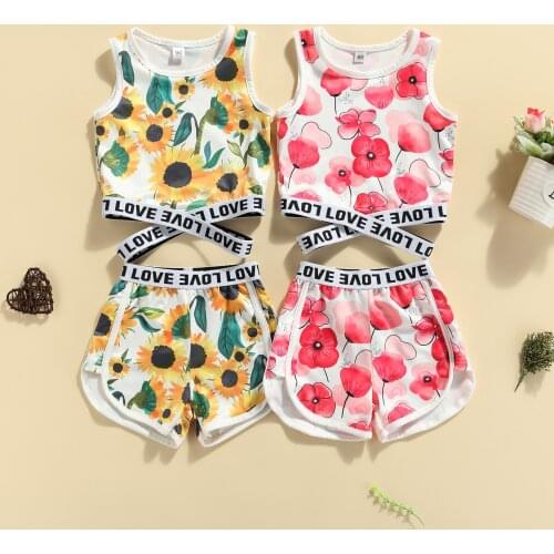 Kids Baby Girls Fashion 2-piece Outfit Sets Casual Sleeveless Floral Printed Crop Tops+Shorts Set Daily Wear Summer 2021