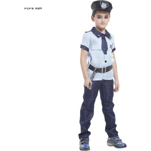 M-XL Sky Blue Boys Halloween Policeman uniform Costume Kids Children Police Cosplay Carnival Purim parade Stage Play Party dress