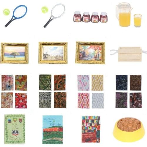 Dollhouse Living Room Bedroom Furniture Decor Toys Miniature Tennis Racket Mural Classic Notebook Milk Honey Strawberry Jam