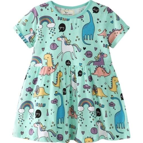 Unicorn Summer Girls Dresses Baby Girls Cartoon Dinosaur Printed Summer Dress for Girls Cute Animals Stripes Girl Sweat Dress