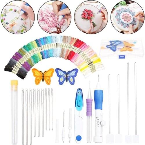 Embroidery DIY Kit Punch Needle Knitting Needles Scissors Embroidery Thread Cord Sewing Kit with Storage Case