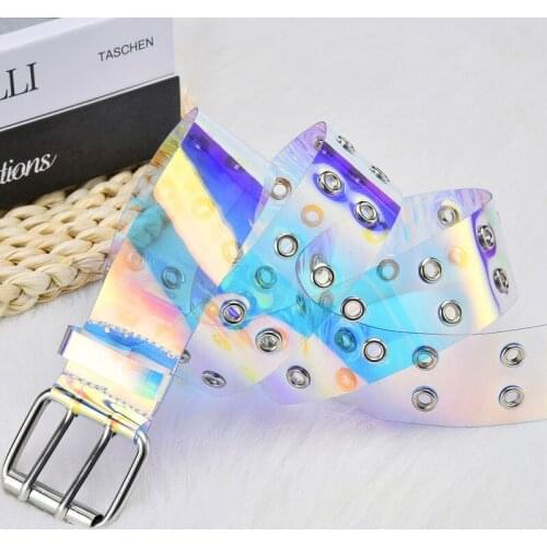 1 Pcs Punk Style Transparent Dazzling PVC Laser Belt Square Two Row Pin Buckle Multihole Belt Collocation Women Jeans Waistband