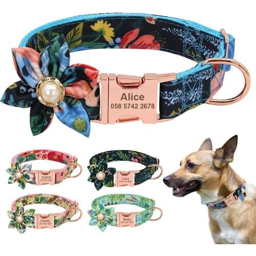 Floral Girl Dog Collar Nylon Personalized Pet Collar Custom Dog Collars Engraved ID Tag Adjustable for Small Medium Large Dogs