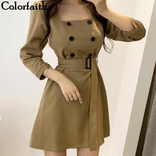 Colorfaith New 2021 Autumn Winter Women Dresses Double Breasted Sashes Lace Up Korean Style Elegant Casual Mini Dress DR773