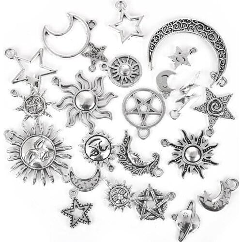 23pcs/Lot Mixed Alloy Silver Color Star Sun moon Charms Pendants for Bracelet Necklace DIY Jewelry Making Findings Accessories