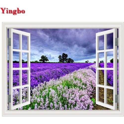 Full Square/Round 3D Window View Diamond Painting Purple Lavender Landscape Embroidery Cross Stitch diy Mosaic Rhinestone Decor