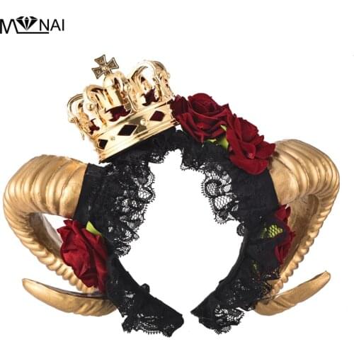 Steampunk Evil Witch Halloween Gothic Horn Cos Fancy Dress Headband Roses Flower Lace Veil Headpiece Princess Queen Crown