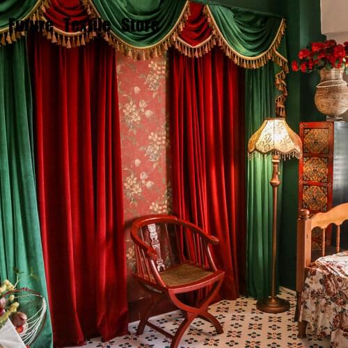 Luxury European Solid Color Shading Flannel Curtain Velvet Living Room Bedroom Window Stitching Red and Green Christmas Curtains
