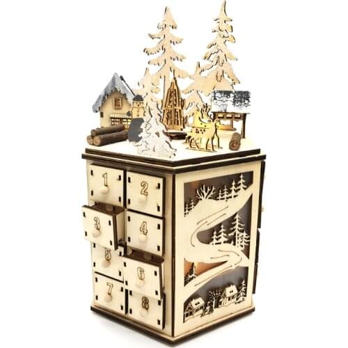Christmas Wooden Advent Calendar Countdown Decoration 24 Drawers with LED Light