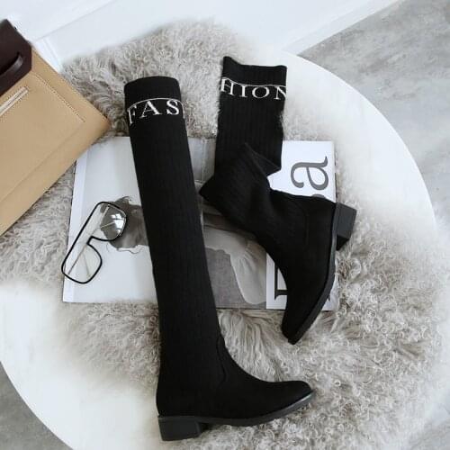 Fashion Thigh High Boots Women Stretch Slim Long Over-the-Knee Boots Med Heels Designer Round Toe Shoes Lady Large Size 44