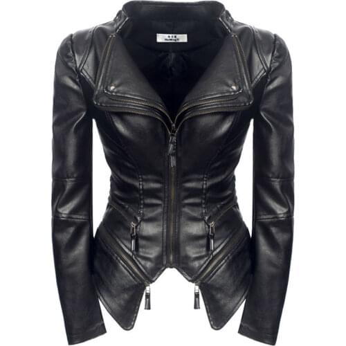 Spring Fashion Women Smooth Motorcycle Faux Leather Jackets Ladies Long Sleeve Autumn Winter Office Streetwear Black Coat