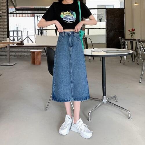New Summer Style Women Skirts Empire Waist Retro Casual Solid Back Split Zipper Pockets Jeans For Females Denim Middle Skirt