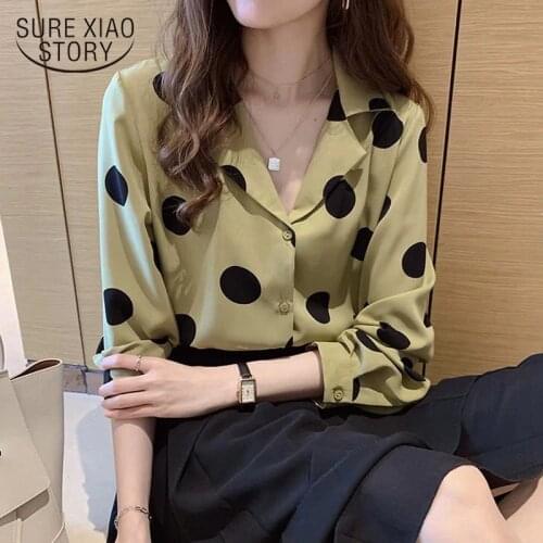 Spring New Women Long Sleeve Shirt Fashion Retro Polka Dot Chiffon Shirt Womens Tops and Blouses Casual Cardigan Clothing 10430
