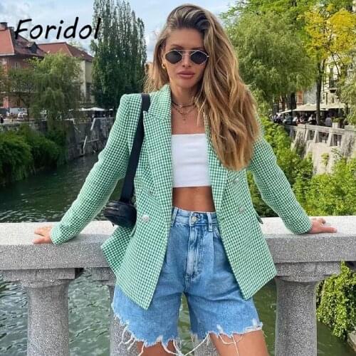Foridol Green Plaid Blazer Coat Jacket Women High Fashion Streetwear Oversized Office Ladies Outfits Spring Autumn Coat 2021