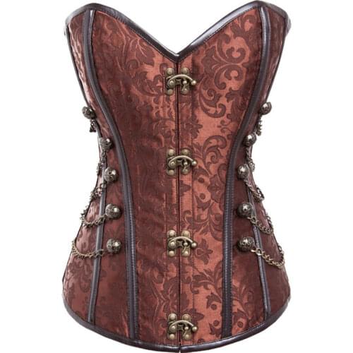 Womens Gothic Corset Top Steel Boned Busk Closure Metal Accents Overbust Gothic Steampunk Corset Bustier Gothique Clothing