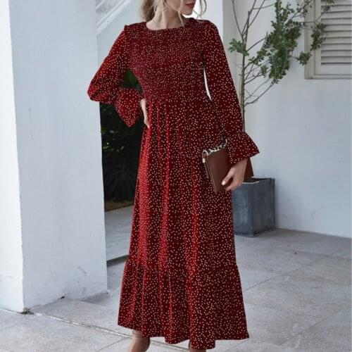 40# Polka Dot Prin Robe Longue O Neck Butterfly Sleeve Ruffle Hem Loose Vintage Dress Elegant Women Clothing Casual Long Dress