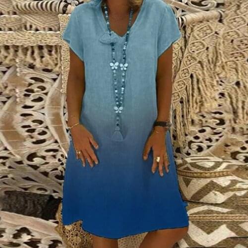 V-Neck Gradient Women Dress 2021 Summer Short Sleeve Shirt Dress Casual Plus Size Ladies Robe Sundress Femme Vestidos