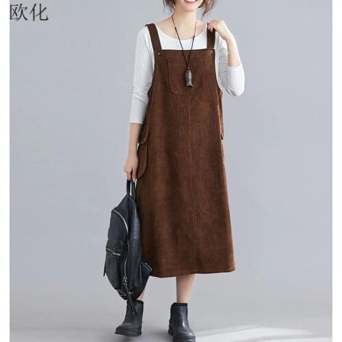 Women Corduroy Dress Plus Size Autumn Winter Sleeveless Pockets Strap Dress Large Size Casual Loose Long Big Swing Sundress 2019