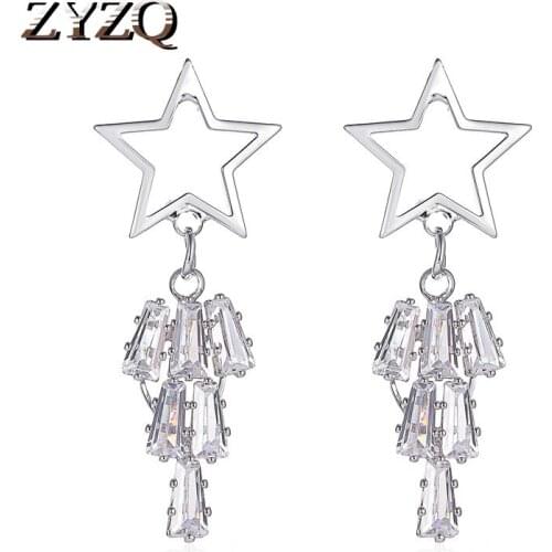 ZYZQ New Copper Vintage Cubic Zirconia Earrings Women Dangle Pentagram Earrings Fashion Girl Simple Earrings Jewelry