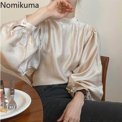 Nomikuma 2021 Spring Korean Stand Neck Women Blouse Causal Puff Sleeve Elegant Shirt Elegant Vintage Blusas Mujer De Moda 6F456