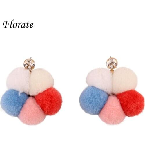 Florate Chunky Handmade Colorful Pom Pom Earrings for Women Design Gold Color Metal Crystal Rhinestone Dangle Drop Earrings