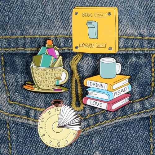 Kids Jewelry Reading World Enamel Pin Mental Food Book Time Clock Brooch Bag Clothes Lapel Pin Badge Fun Gift For Kids Friends
