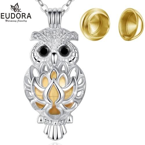 EUDORA Urn Cremation Pendant 14mm Owl Cage OPen Locket Ash Holder Keepsake Capsule Necklace Hollow Ball DIY Jewelr k332n14