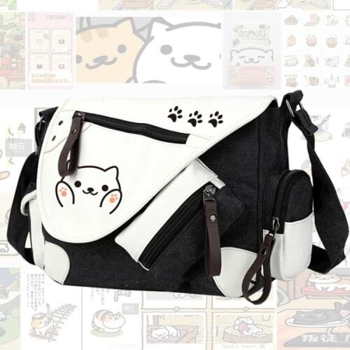 Cute Neko Atsume Cat Handbag Shoulder Bag School Canvas Casual Zipper Crossbody Schoolbag Messenger Bag Gift