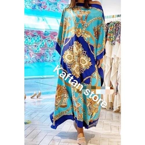 Beautiful Printed Arabic Islamic Dubai Kaftan Abaya Free Size Summer Silk kaftan long dresses African dresses for women