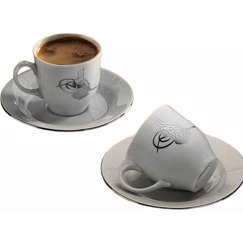 Kutahya Porcelain Tughra Platinum 6 Person Coffee Cup Set Turkish Coffee Espresso Made in Turkey %100 Original