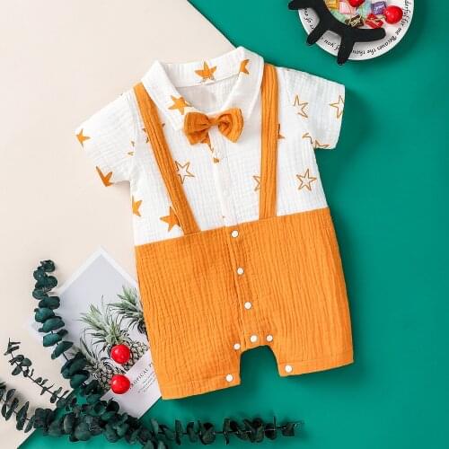 FOCUSNORM 0-18M Summer Baby Boys Gentleman Rompers Star Printed Short Sleeve Single Breasted Bow Tie Jumpsuits