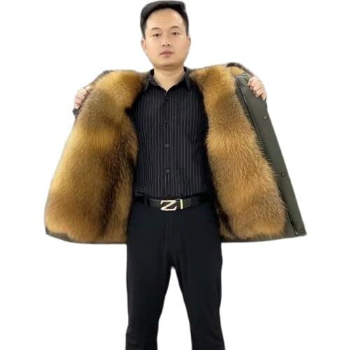 Muskrat Fur Parka Men Real Fur Coat Army Green Hooded Jacket Raccoon Fur Collar Plus Size Overcoat Hot Sale