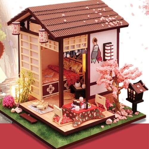 DIY Miniature Dollhouse with Furniture Kit LED Light Japanese Architecture Cottage 3D Puzzles Doll House Toys for Girls Gift