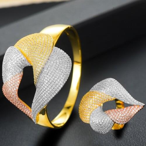 Kellybola Trendy Famous 2PCS Bangle Ring Set Full Cubic Zirconia Noble Wedding Rings for Women Shiny Stone Party Wedding Jewelry