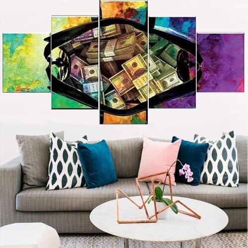 5 Pieces Wall Art Canvas Painting Abstract Poster With A Big Bag Of Money Modular Pictures Modern Home Decoration Living Room