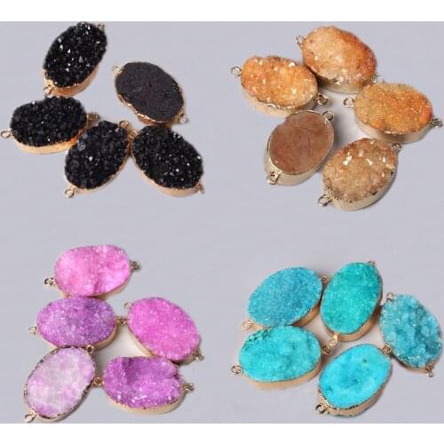 Natural Druzy Agates Pendant Connector Charm Pendant Irregular Metal Gold Plated Double Hole Connectors for DIY Jewelry Making