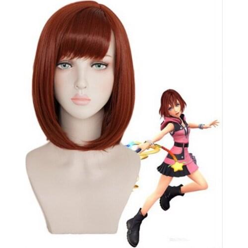 New Halloween Costume Kingdom Hearts Kairi Auburn Short Bob Styled Synthetic Cosplay Wig Women Role Play Hair + Wig Cap