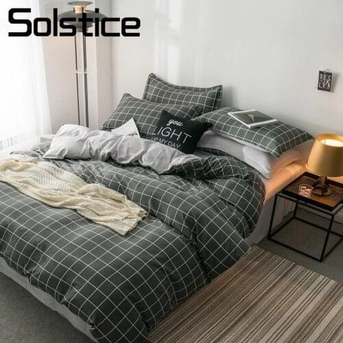 Solstice Home Textile Simple Plaid Gray Solid Duvet Cover Flat Bed Sheet Pillowcase King Queen Boy Girl Bedding Linen Set 3/4Pcs