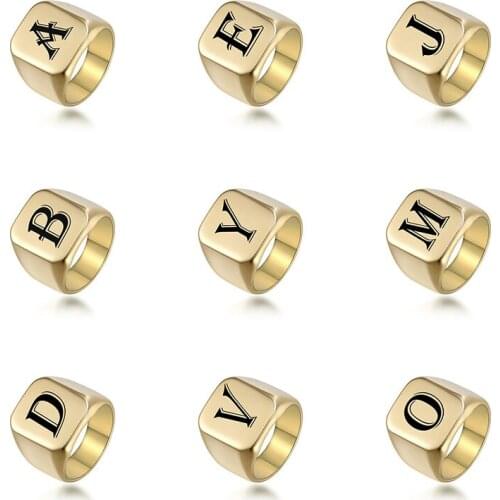 Gothic Personalised Initial Gold Ring Engrave A to Z Alphabet Stainless Steel Signet Blank Plain High Polished Hip Hop Bijoux