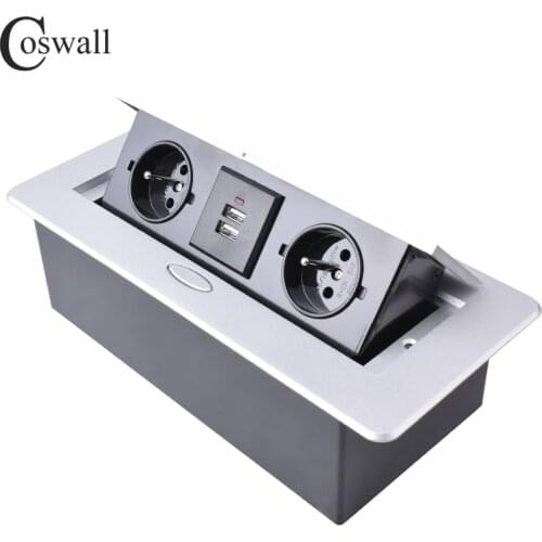 COSWALL Zinc Alloy Plate Soft POP-UP 2 French / Polish Socket 2 USB Charge Port Office Table Outlet Silver / Matte Black Cover