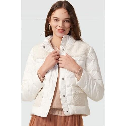 High End Temperament Lightweight Warm Down Jacket Women Full Knitted Fabric Patchwork Short Puffer Pluffy Coat Ladies Overcoat