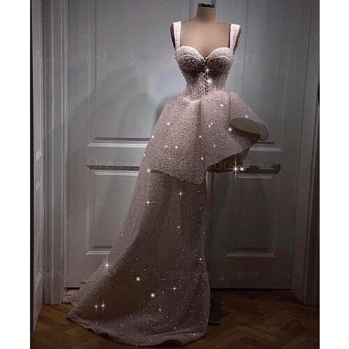 Blingbling Party Dress Ruffled Trendy Pleats Straps Dubai Arabic Light Pink Formal Dresses Pearls Sexy Front Corset Prom Gowns