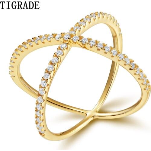 TIGRADE Gold Cross Rings For Women 925 Silver Ring Cubic Zirconia Inlay Fashion Wedding Bands Female Jewelry Party Anel Gift