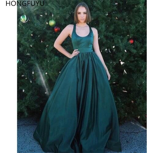 HONGFUYU Gorgeous Ball Gown Prom Dresses Scoop Satin High Criss Cross Back Formal Evening Dress for Party Zipper Back Emerald